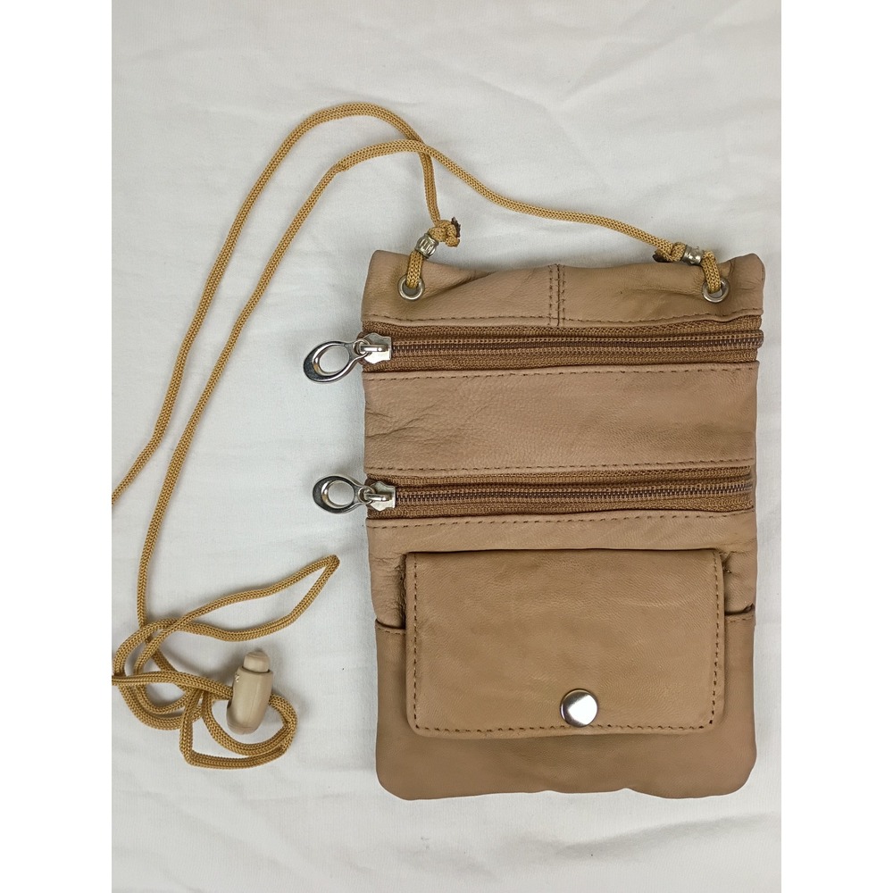 Tan Leather Crossbody Passport Bag Travel Neck Pouch Multi Zip Small Purse